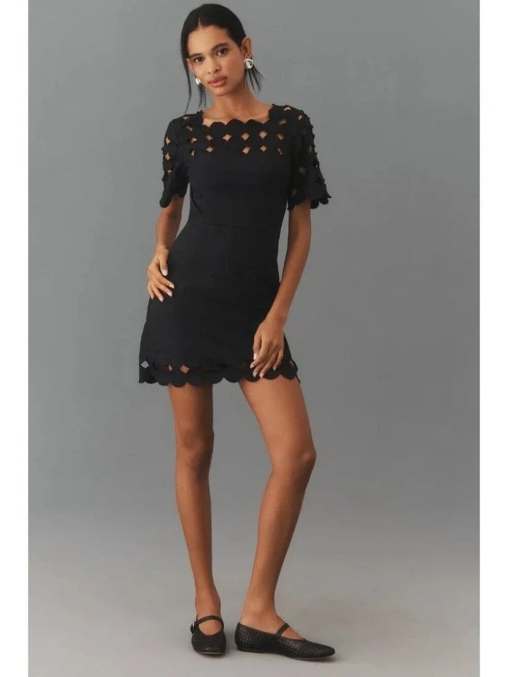 NWT By Anthropologie Black Circle Cutout Eyelet Mini Dress Size 8 $178